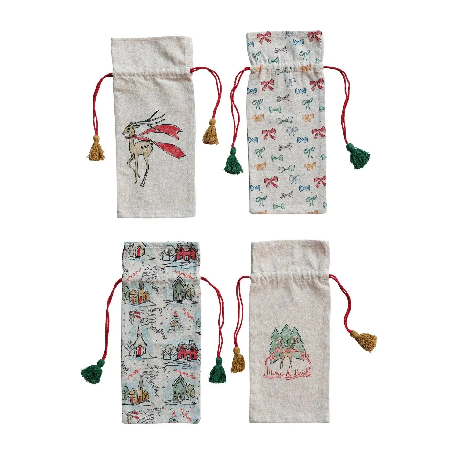 Cotton Chambray Printed Drawstring Wine Bag With Tassels