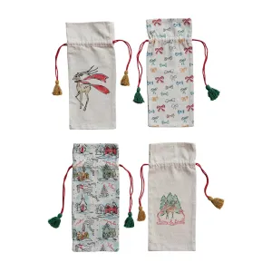 Cotton Chambray Printed Drawstring Wine Bag With Tassels