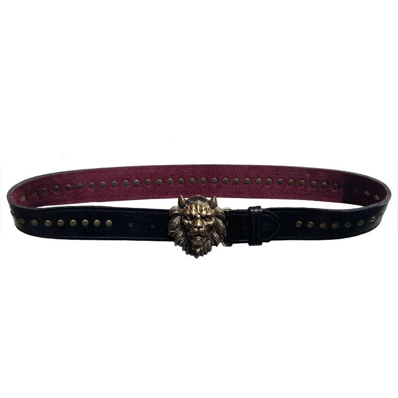 Kim White Studded Lion Belt in Black