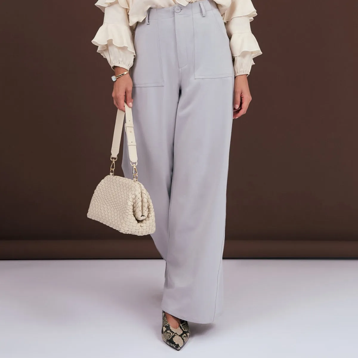 Stassi Woven Structured Shoulder Bag (Cream)