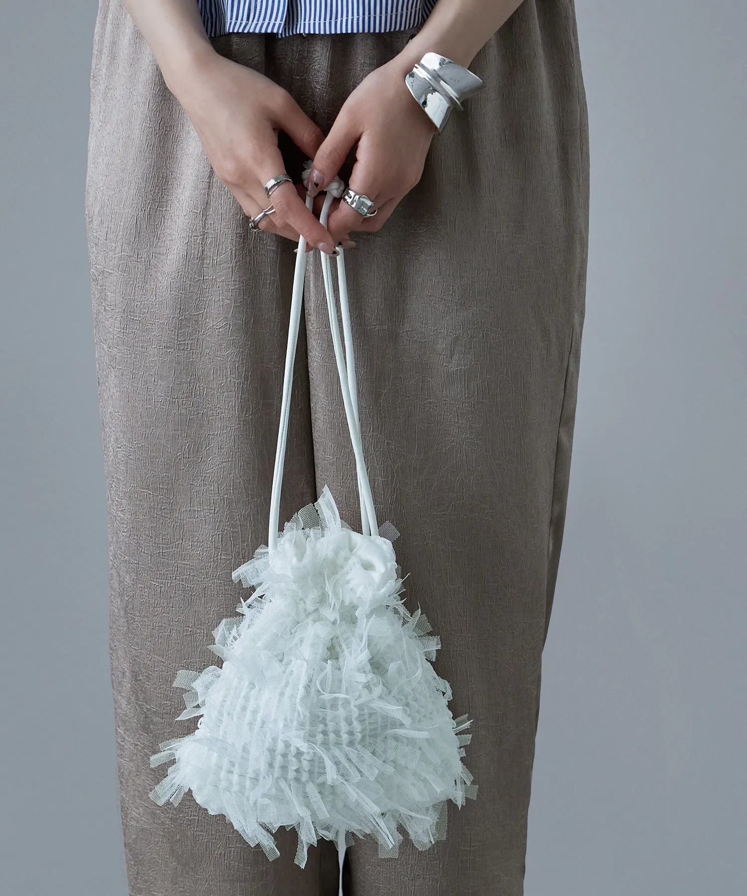 Tulle fringe drawstring mini bag