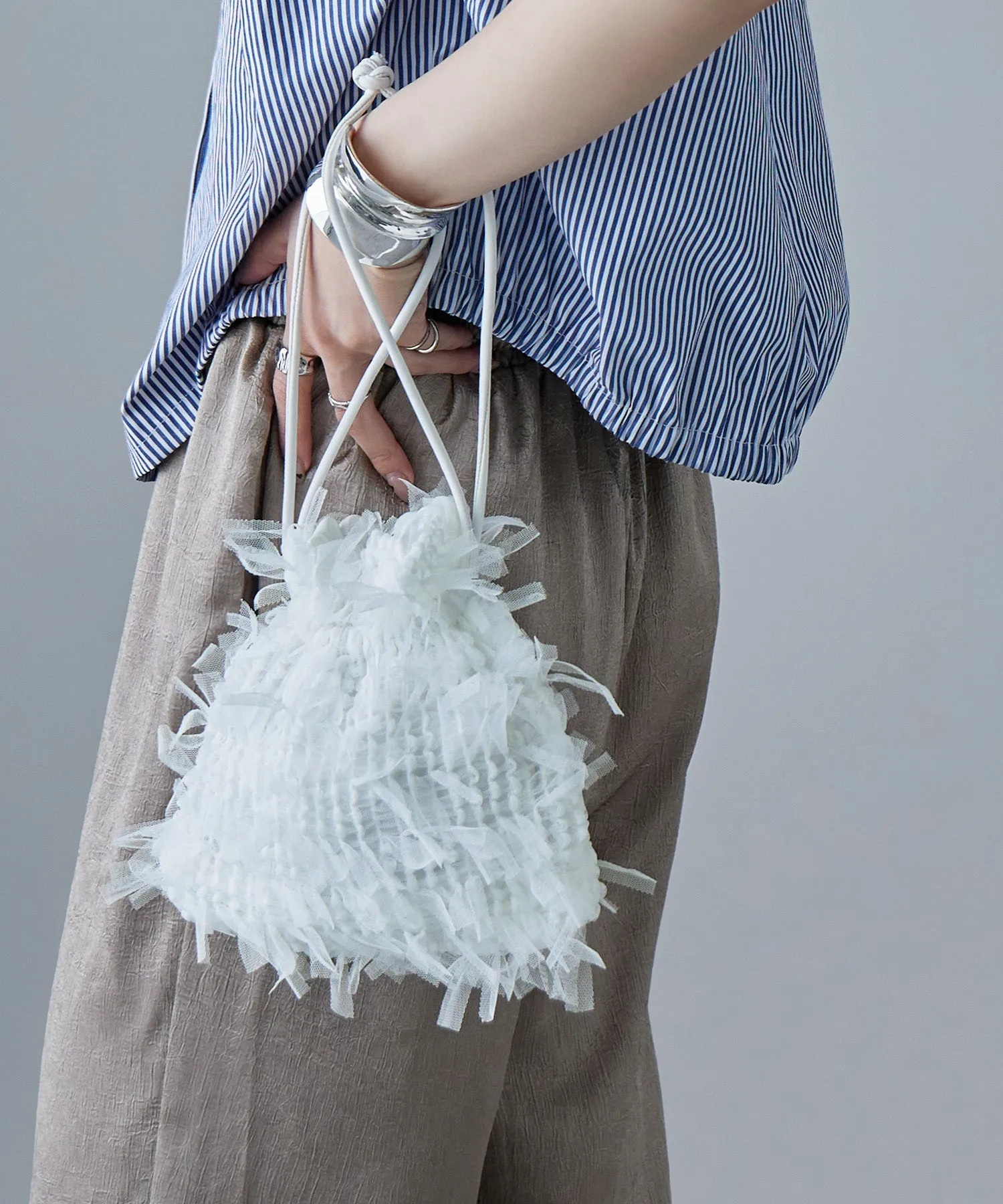 Tulle fringe drawstring mini bag