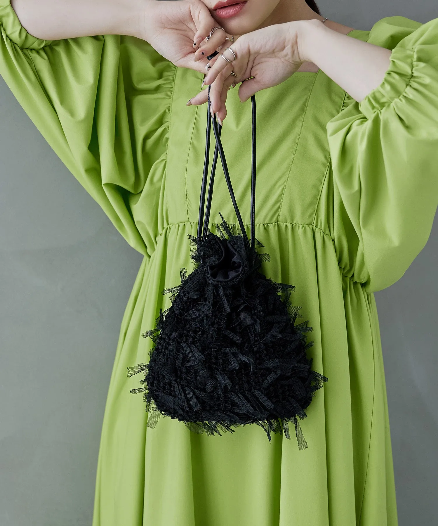 Tulle fringe drawstring mini bag