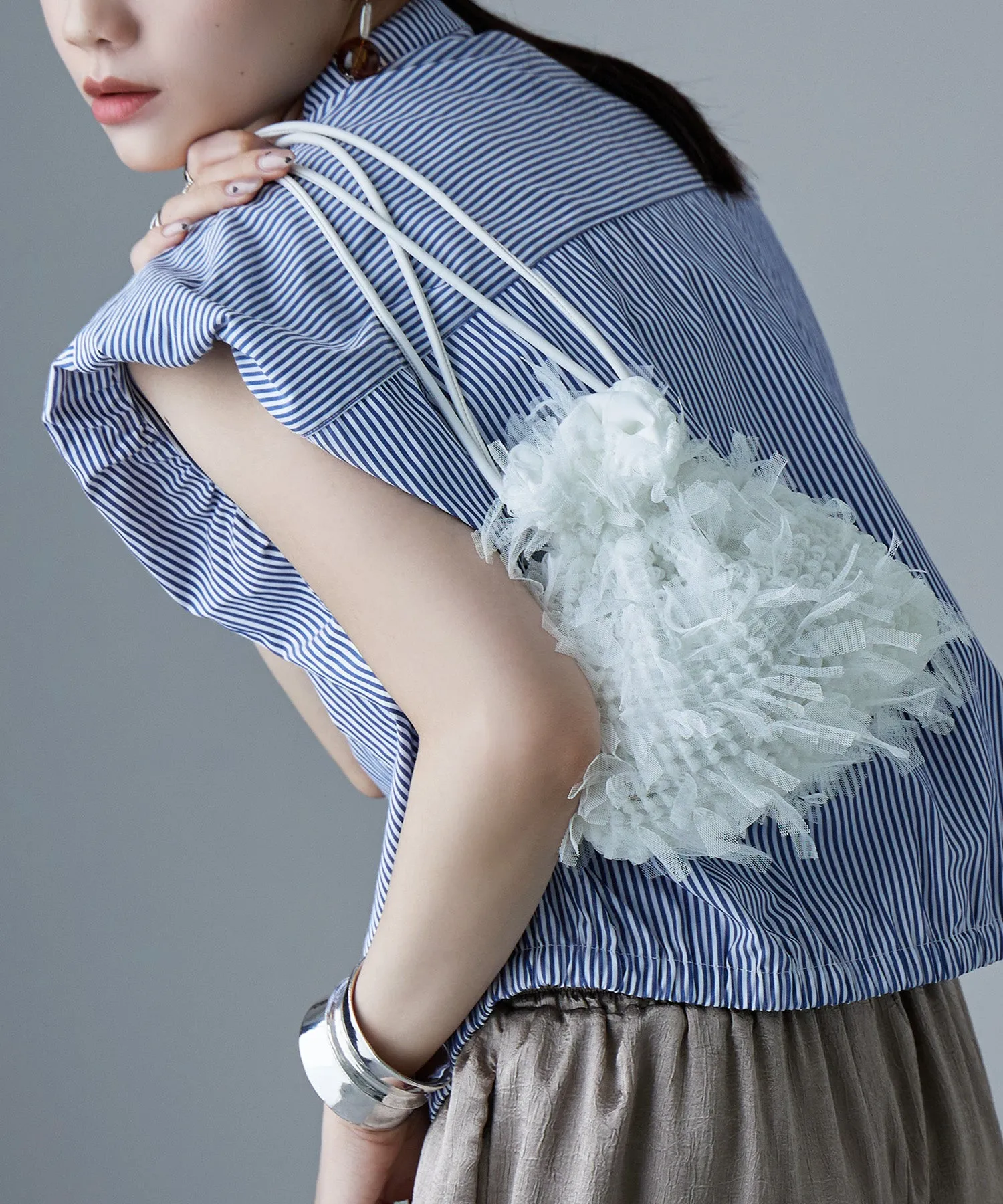 Tulle fringe drawstring mini bag